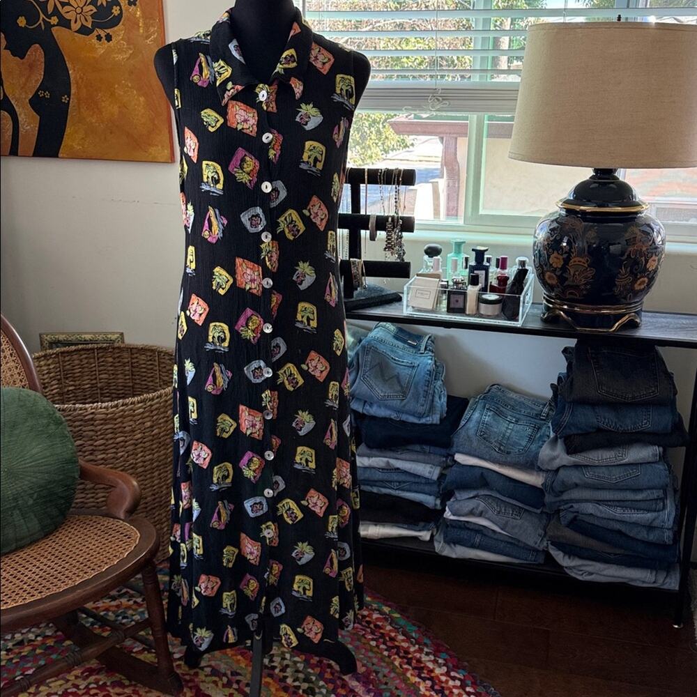 Vintage 90s/Y2K Marta Bay Black Tropical Novelty Print Button Up Midi Maxi Dress